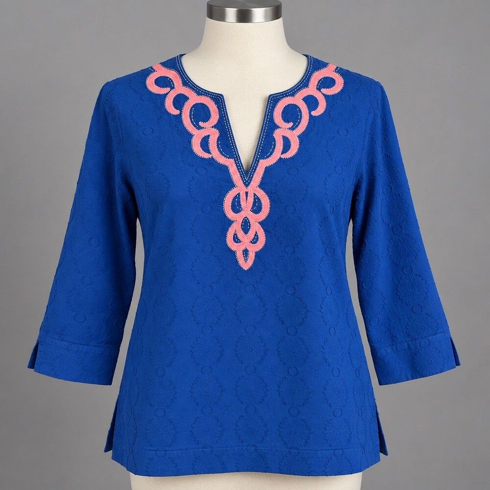 Lilly Pulitzer Amelia Island Tunic Top Womens Small Blue Embroidered 3/4 Sleeve